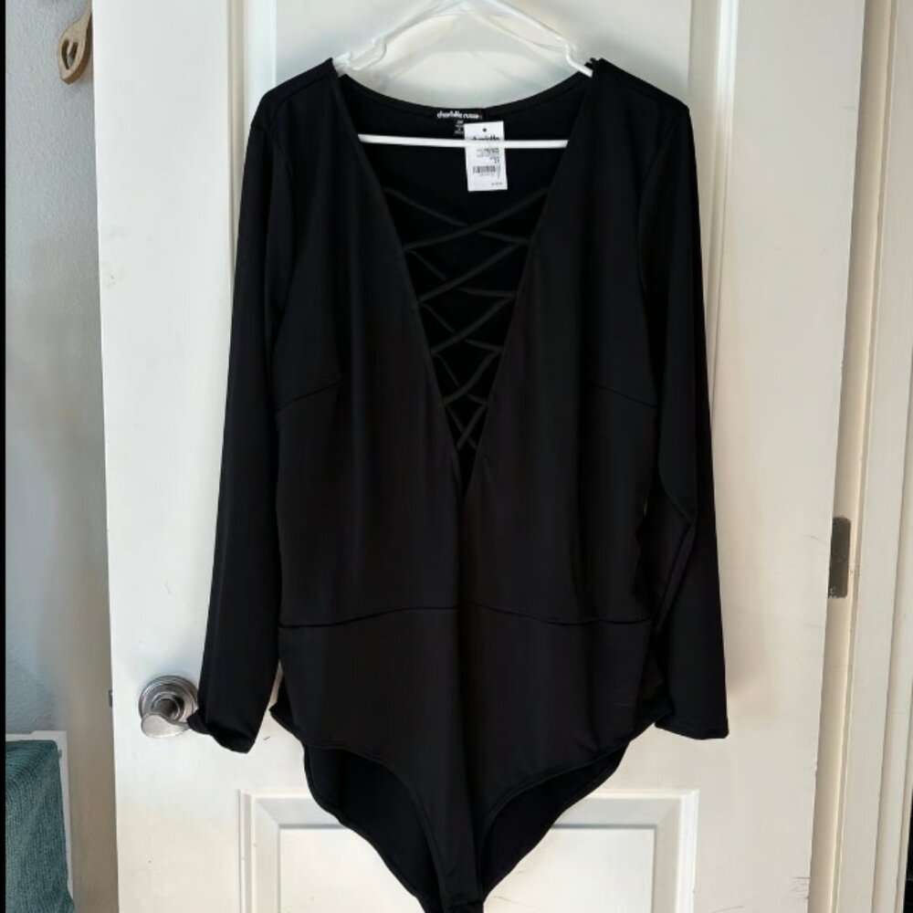 Charlotte Russe Black Lace Up Deep V-Neck Long Sleeve Bodysuit 3X NWT